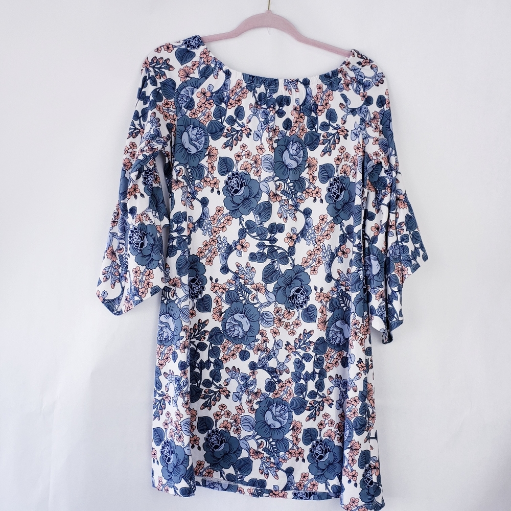 Wrapper Womens Floral Dress Boho flare bell Ruffle Sleeve Stretch Size small